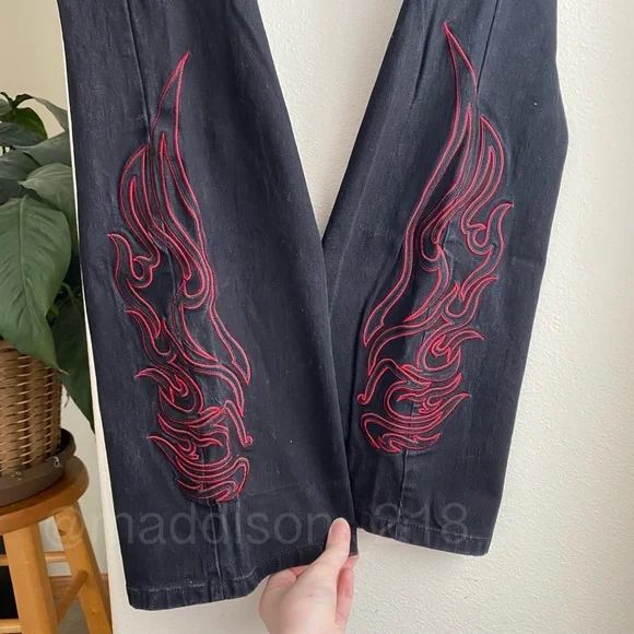 Harley Davidson Vintage Y2K Flame Embroidered Bootcut Flare Black Jeans 6 long - Picture 5 of 11